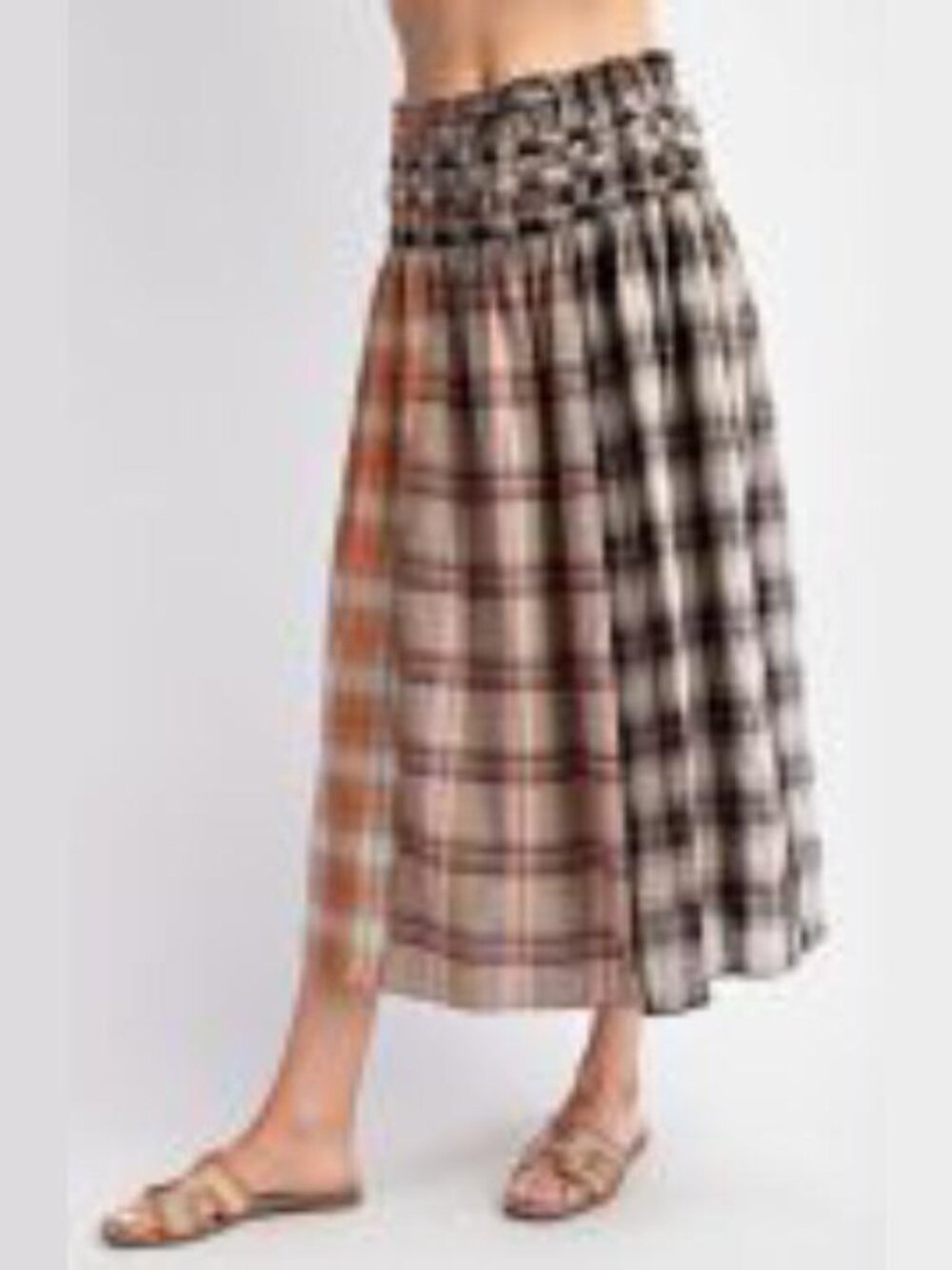 Easel smocked mixed print plaid midi skirt grunge boho patchwork cotton A-line